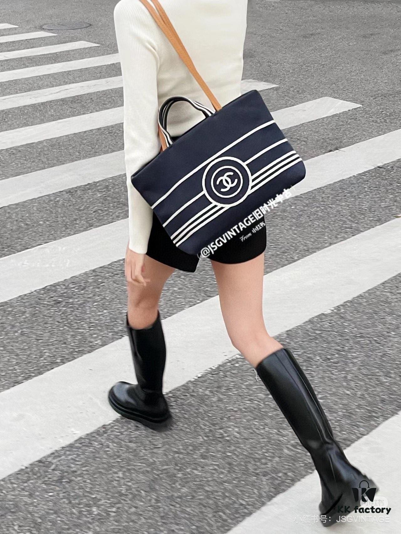 693051f1f09edb6de4c4ed78 Large New Arrival CHANEL Navy Striped Denim Beach Tote Bag