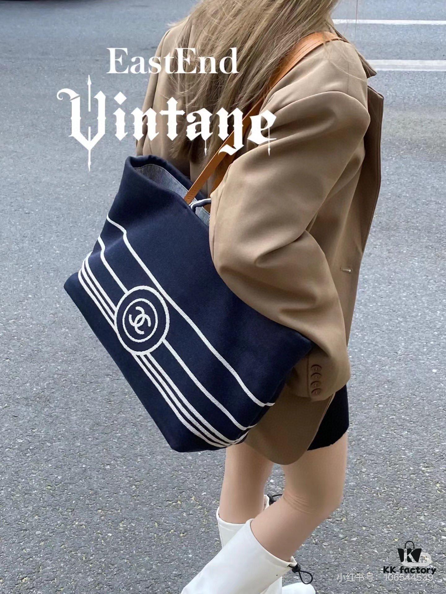 693051f1f09edb6de4c4ed79 Large New Arrival CHANEL Navy Striped Denim Beach Tote Bag