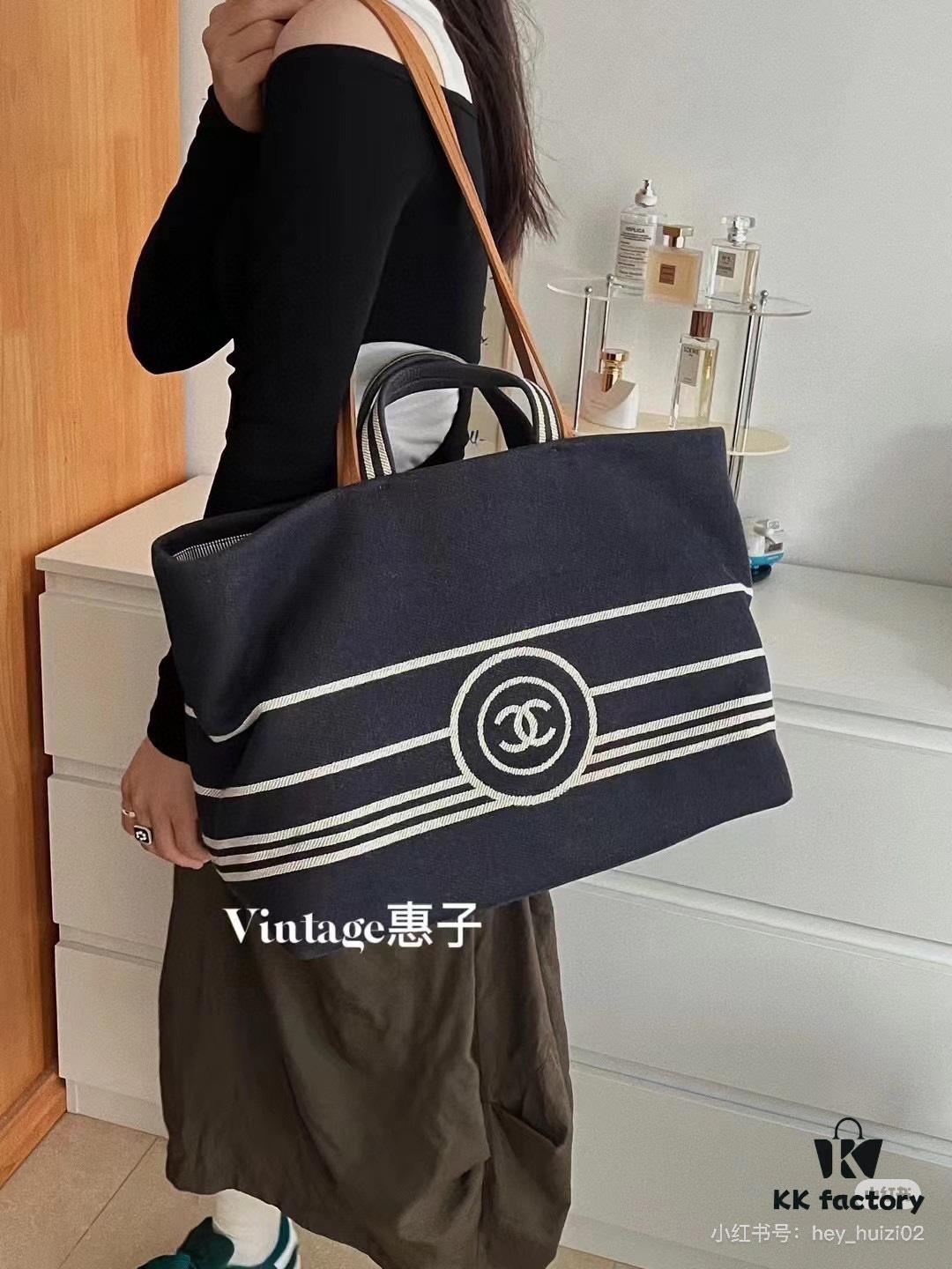 693051f7f09edb6de4c4ed7d Large New Arrival CHANEL Navy Striped Denim Beach Tote Bag