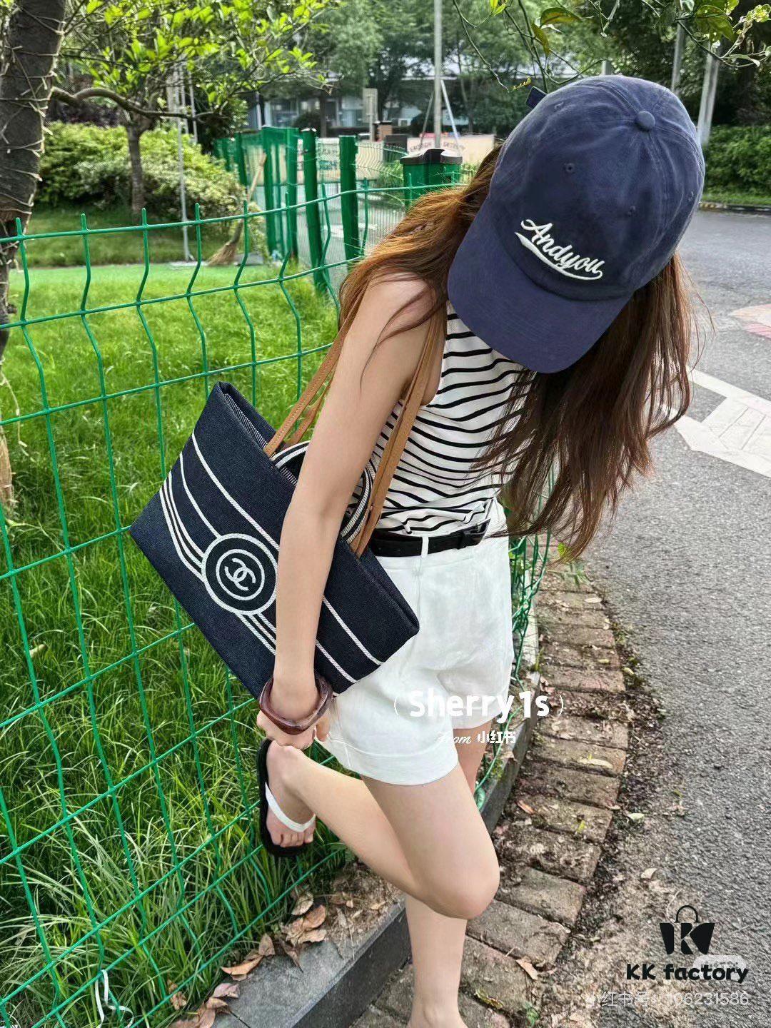 693051f7f09edb6de4c4ed7e Large New Arrival CHANEL Navy Striped Denim Beach Tote Bag