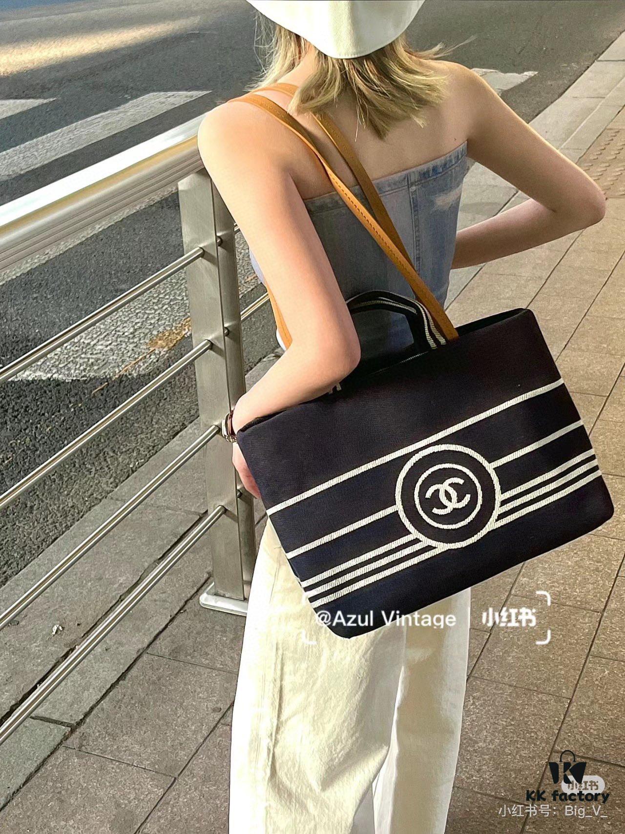 693051f9f09edb6de4c4ed80 Large New Arrival CHANEL Navy Striped Denim Beach Tote Bag