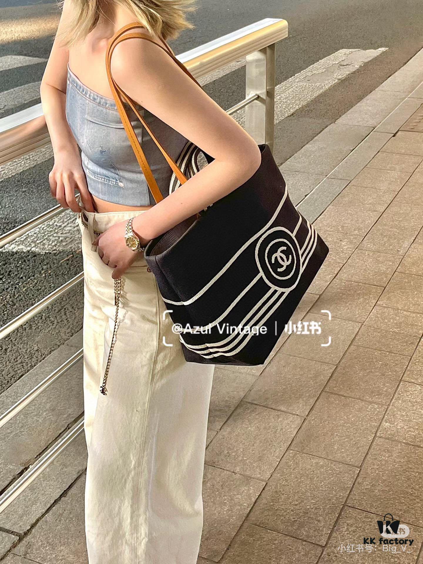 693051f9f09edb6de4c4ed81 Large New Arrival CHANEL Navy Striped Denim Beach Tote Bag