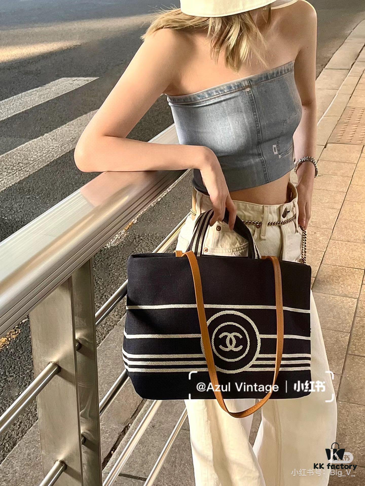 693051fbf09edb6de4c4ed82 Large New Arrival CHANEL Navy Striped Denim Beach Tote Bag