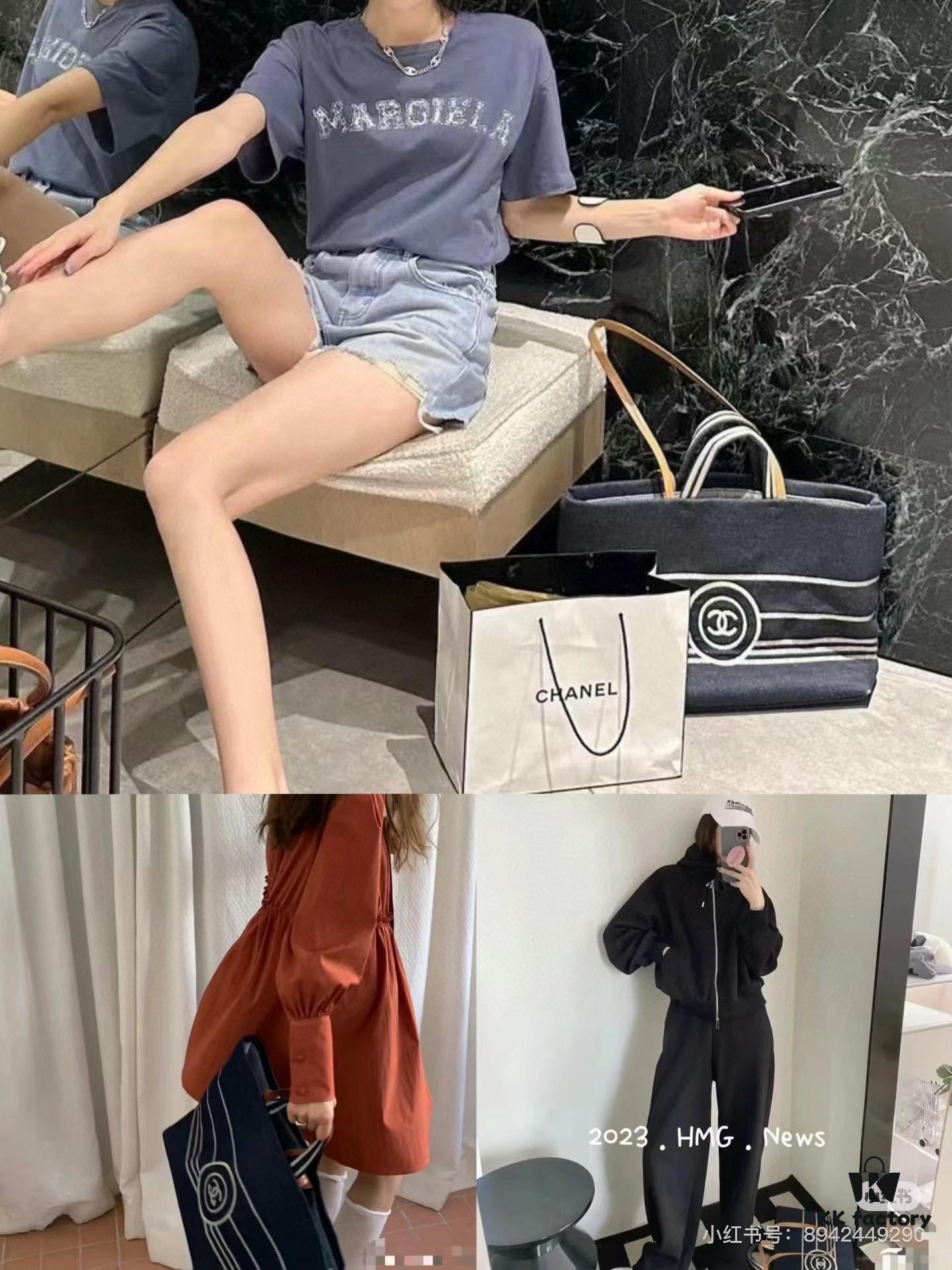 693051fcf09edb6de4c4ed83 Large New Arrival CHANEL Navy Striped Denim Beach Tote Bag