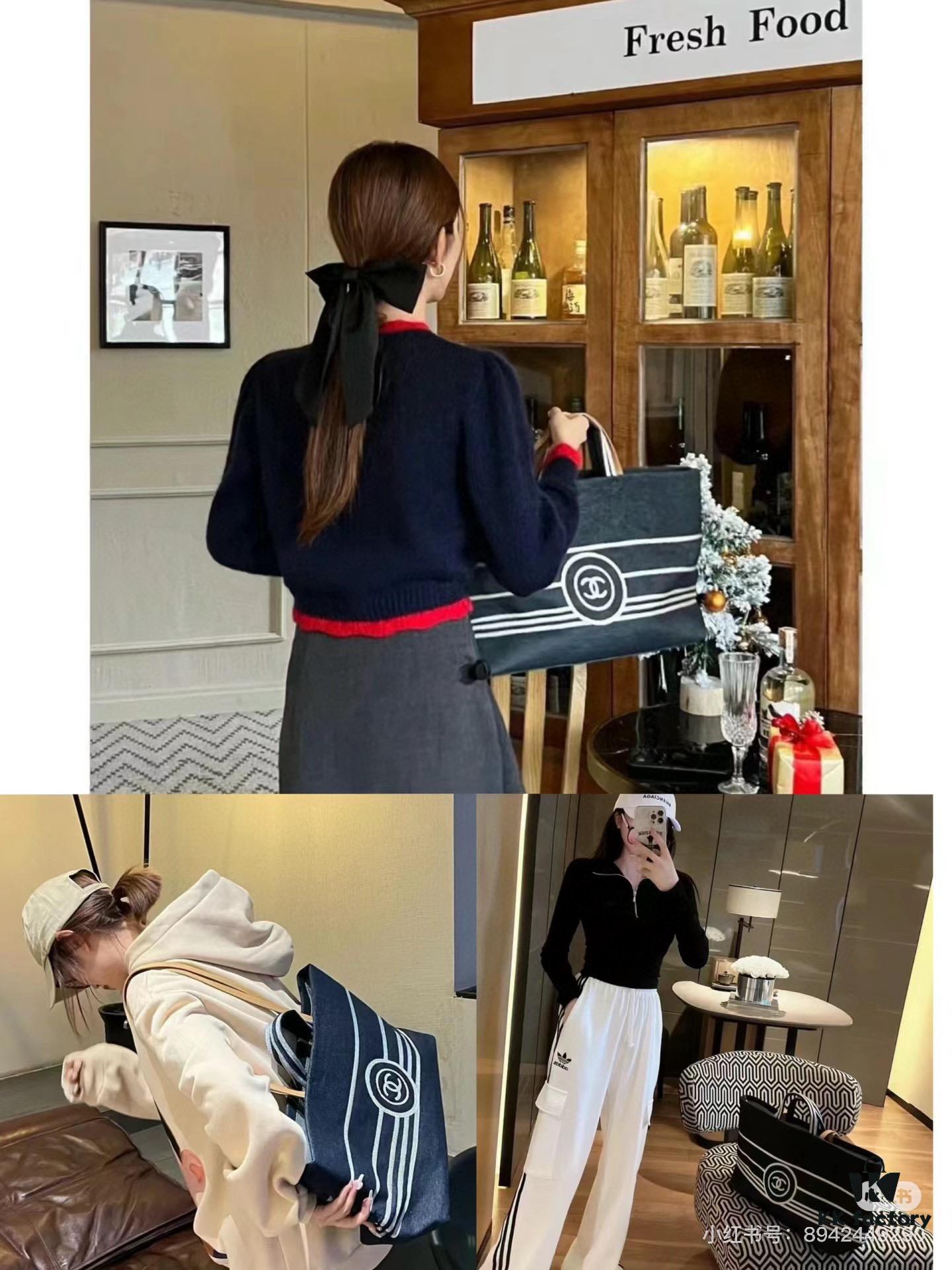 693051fcf09edb6de4c4ed84 Large New Arrival CHANEL Navy Striped Denim Beach Tote Bag