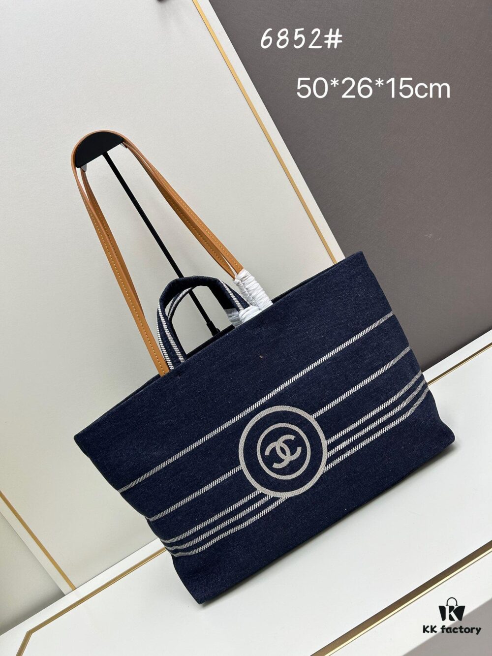 693051fcf09edb6de4c4ed85 Large New Arrival CHANEL Navy Blue Striped Denim Beach Tote – A Must-Have for Vacation Style