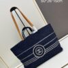 Large New Arrival CHANEL Navy Blue Striped Denim Beach Tote – A Must-Have for Vacation Style