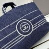 Large New Arrival CHANEL Navy Blue Striped Denim Beach Tote – A Must-Have for Vacation Style