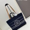 69305203f09edb6de4c4ed8e Small-sized New Arrival CHANEL Navy Blue Striped Denim Beach Tote Bag