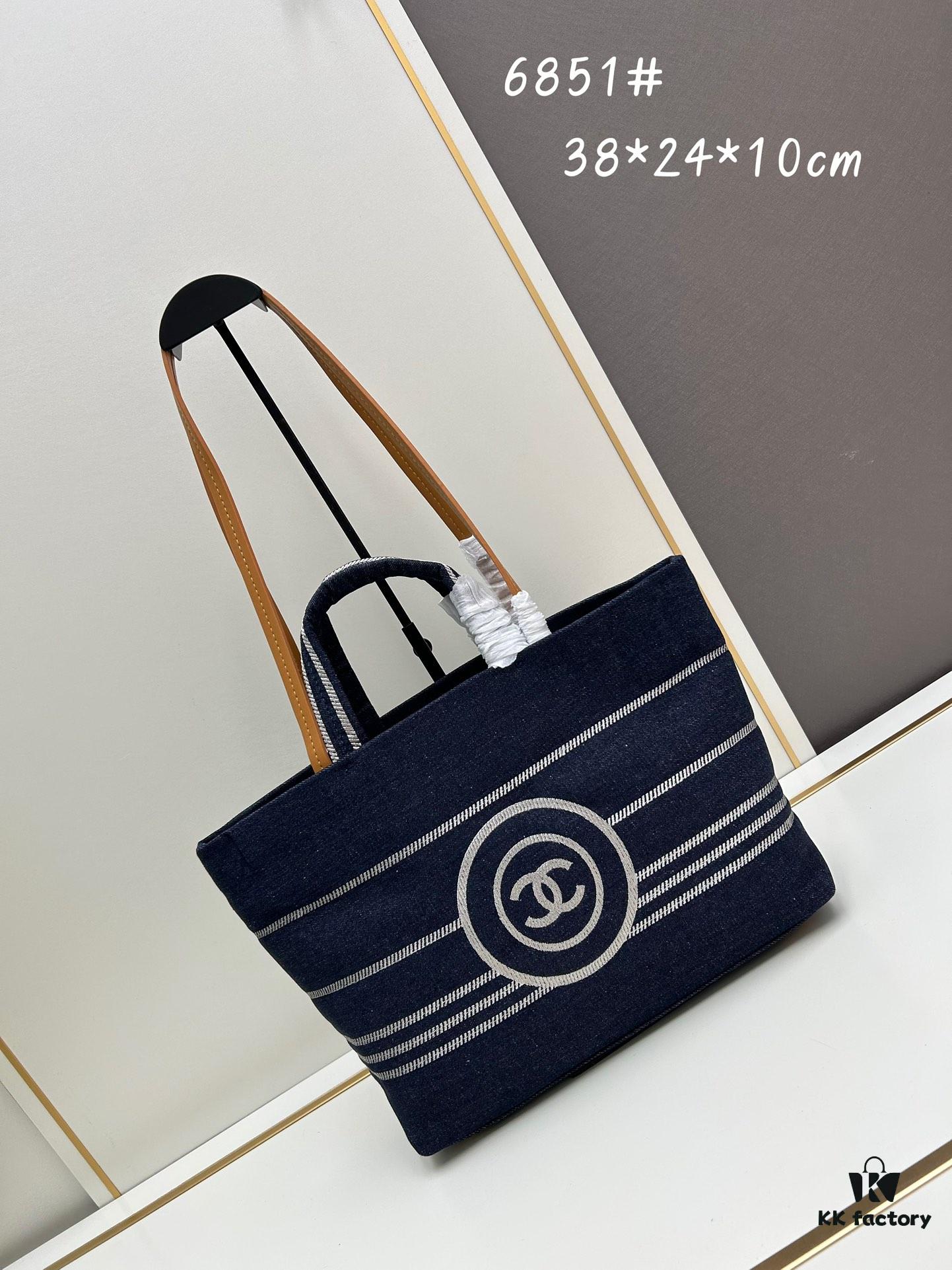69305203f09edb6de4c4ed8e Small-sized New Arrival CHANEL Navy Blue Striped Denim Beach Tote Bag