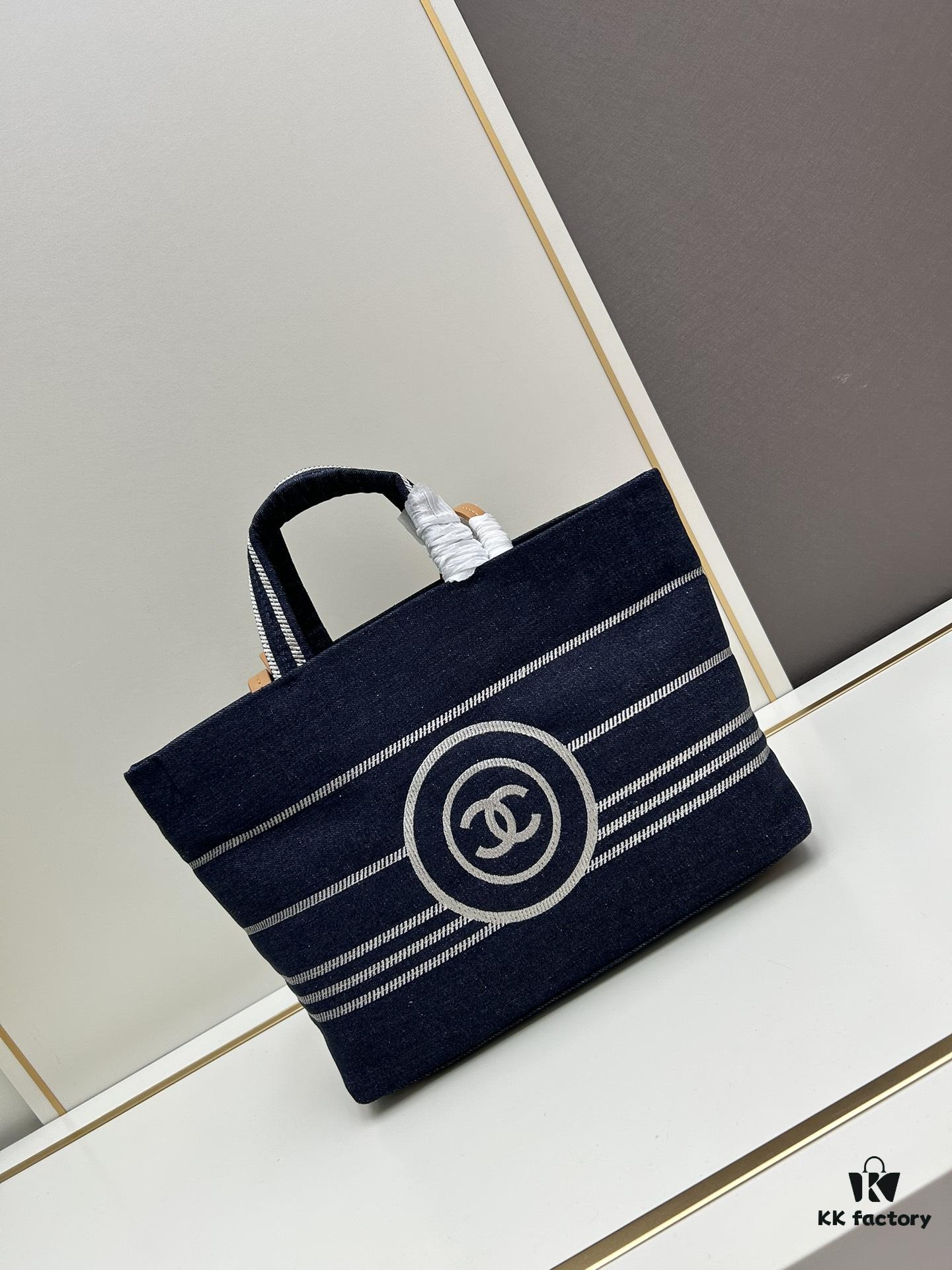 69305206f09edb6de4c4ed8f Small-sized New Arrival CHANEL Navy Blue Striped Denim Beach Tote Bag