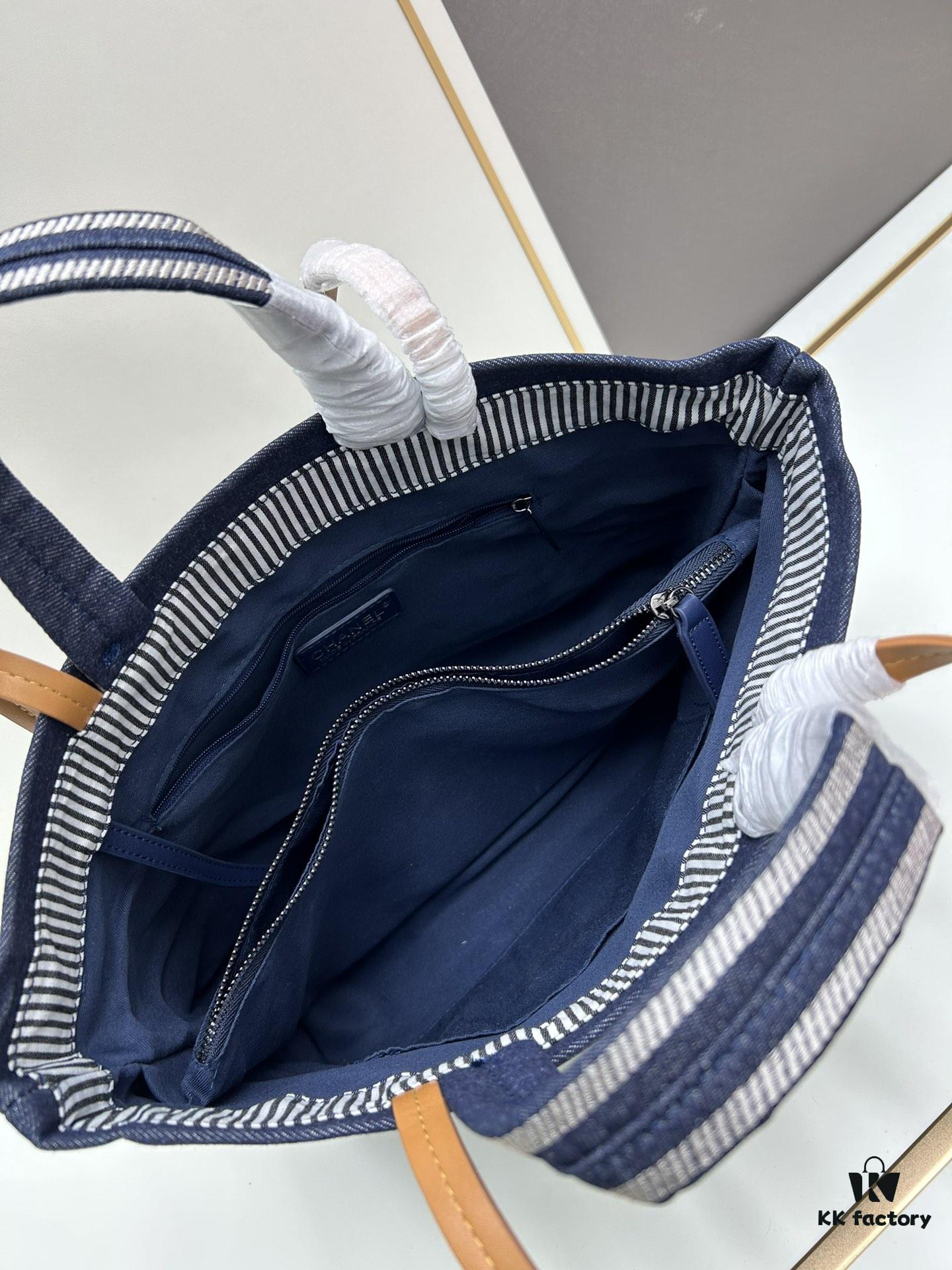 69305207f09edb6de4c4ed92 Small-sized New Arrival CHANEL Navy Blue Striped Denim Beach Tote Bag