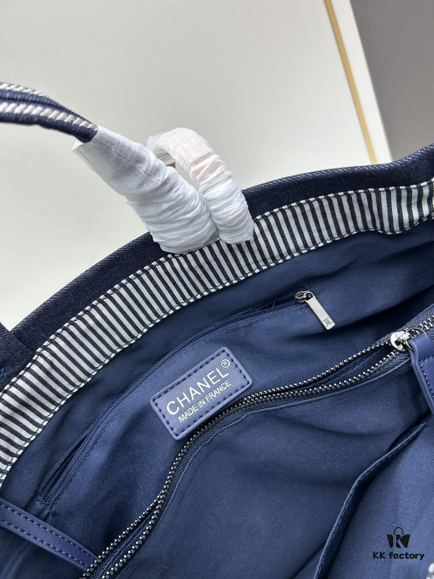 69305208f09edb6de4c4ed93 Small-sized New Arrival CHANEL Navy Blue Striped Denim Beach Tote Bag