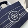 69305209f09edb6de4c4ed94 Small-sized New Arrival CHANEL Navy Blue Striped Denim Beach Tote Bag