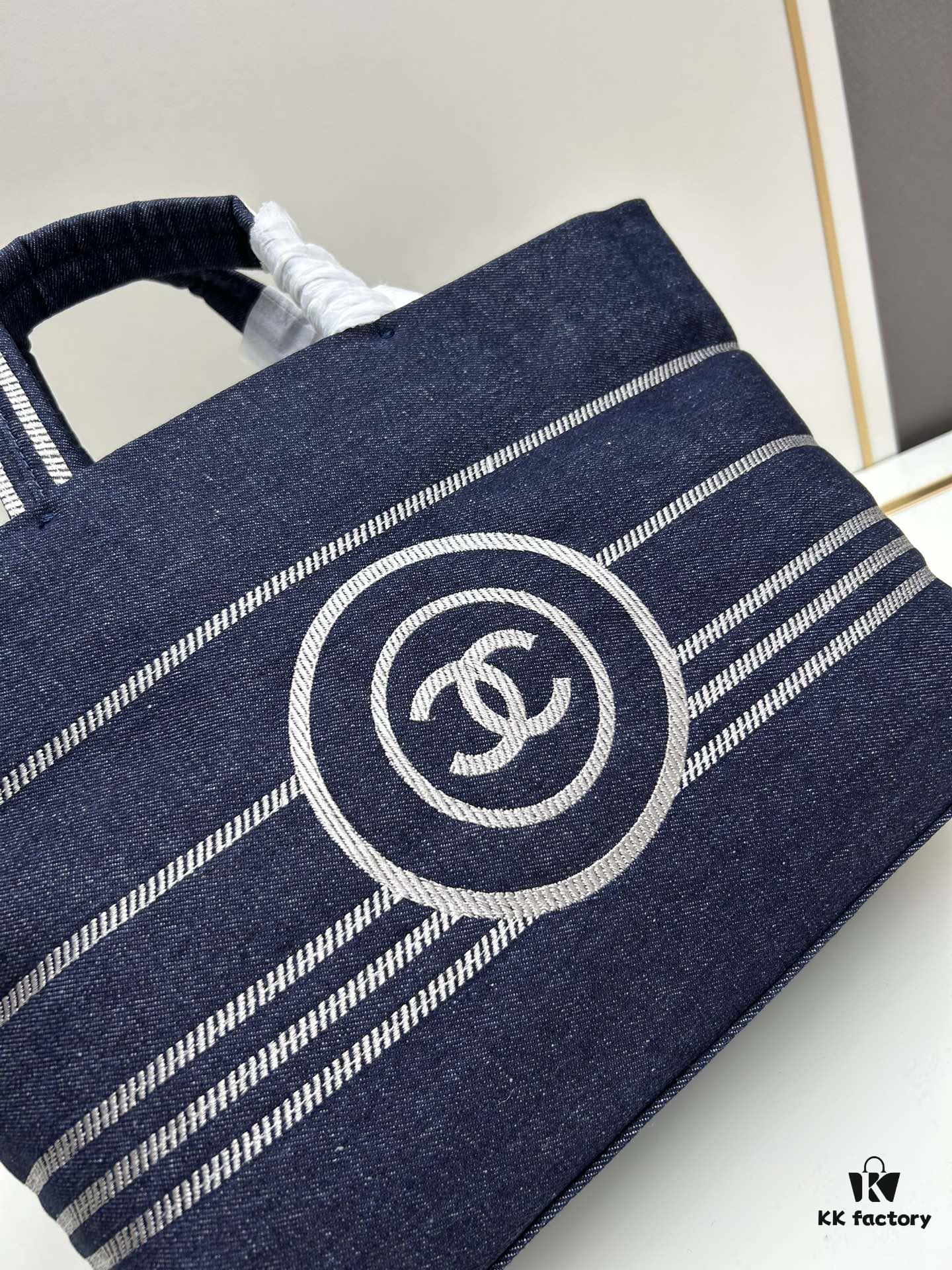 69305209f09edb6de4c4ed94 Small-sized New Arrival CHANEL Navy Blue Striped Denim Beach Tote Bag