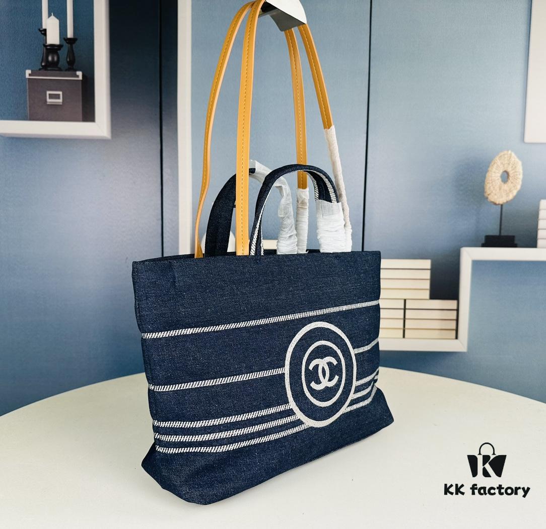 6930520ff09edb6de4c4ed9d Small-sized New Arrival CHANEL Navy Blue Striped Denim Beach Tote