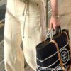 69305210f09edb6de4c4eda1 Large New Arrival CHANEL Navy Striped Denim Beach Tote Bag