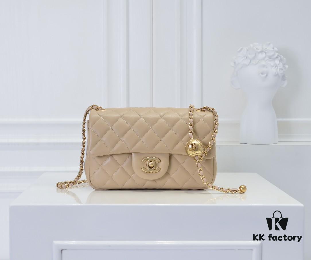 69305243f09edb6de4c4edeb Large Beige Chanel CF Mini Metal Flap Bag - Bestseller with Decorative Gold Ball on Chain