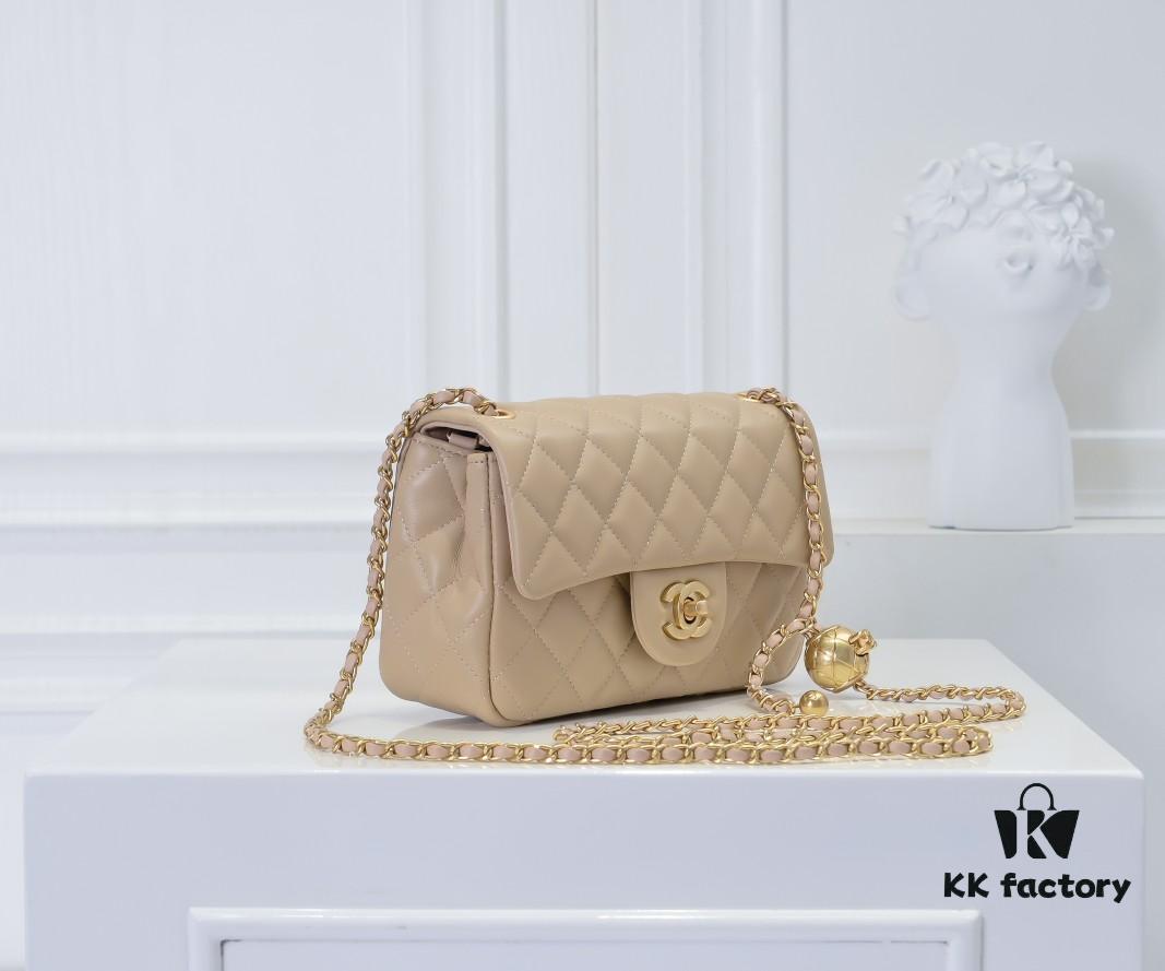 69305245f09edb6de4c4edef Large Beige Chanel CF Mini Metal Flap Bag - Bestseller with Decorative Gold Ball on Chain