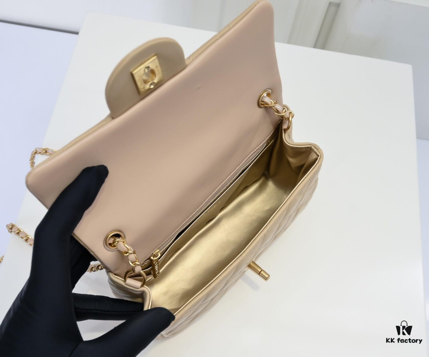 69305247f09edb6de4c4edf2 Large Beige Chanel CF Mini Metal Flap Bag - Bestseller with Decorative Gold Ball on Chain
