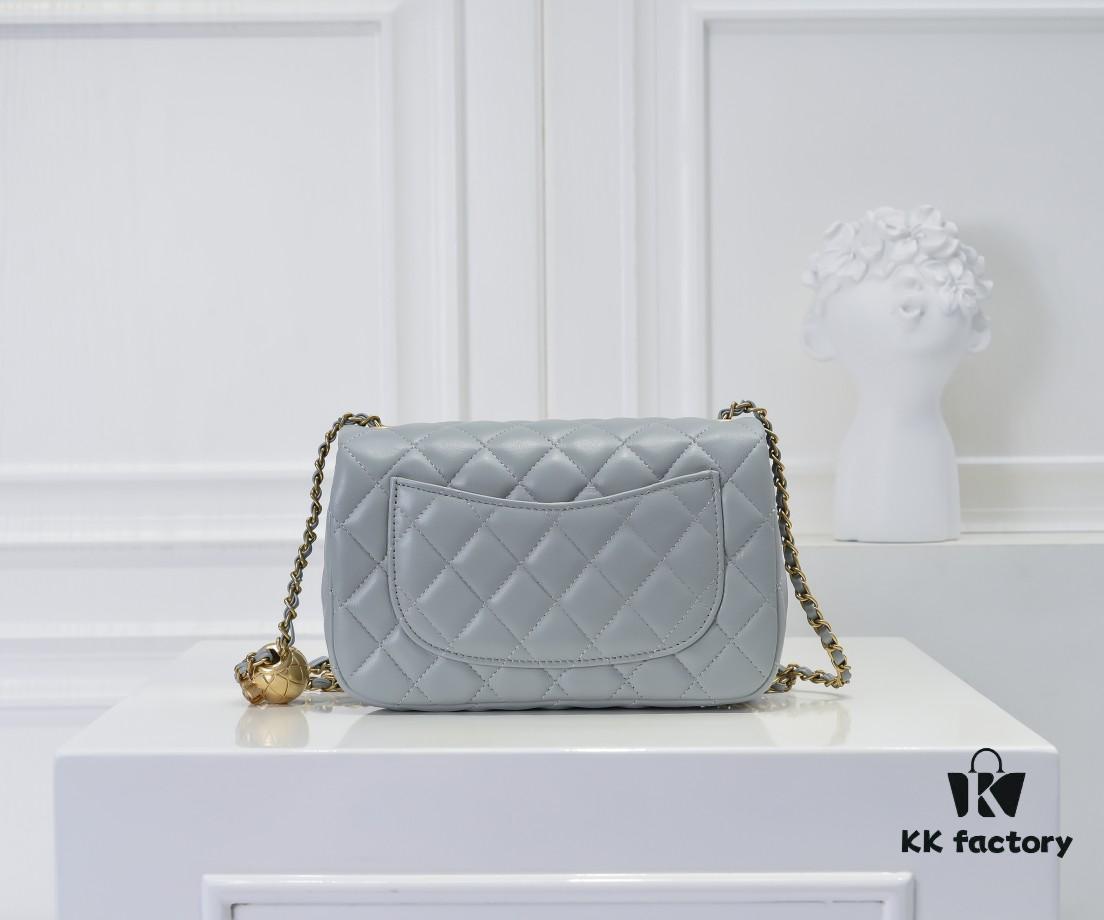 69305251f09edb6de4c4ee00 Large Gray Goat Chanel CF Mini Flap Bag with Metal Chain and Small Gold Ball Accent