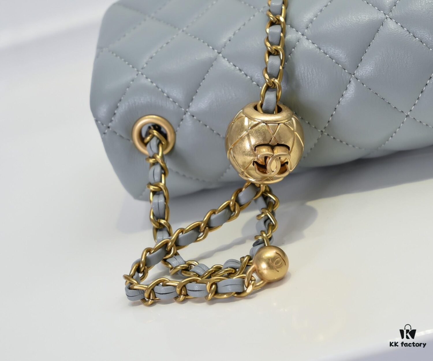 69305251f09edb6de4c4ee01 Large Gray Goat Chanel CF Mini Flap Bag with Metal Chain and Small Gold Ball Accent