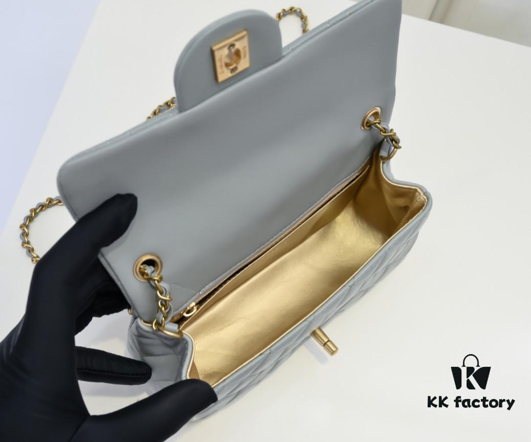 69305252f09edb6de4c4ee03 Large Gray Goat Chanel CF Mini Flap Bag with Metal Chain and Small Gold Ball Accent