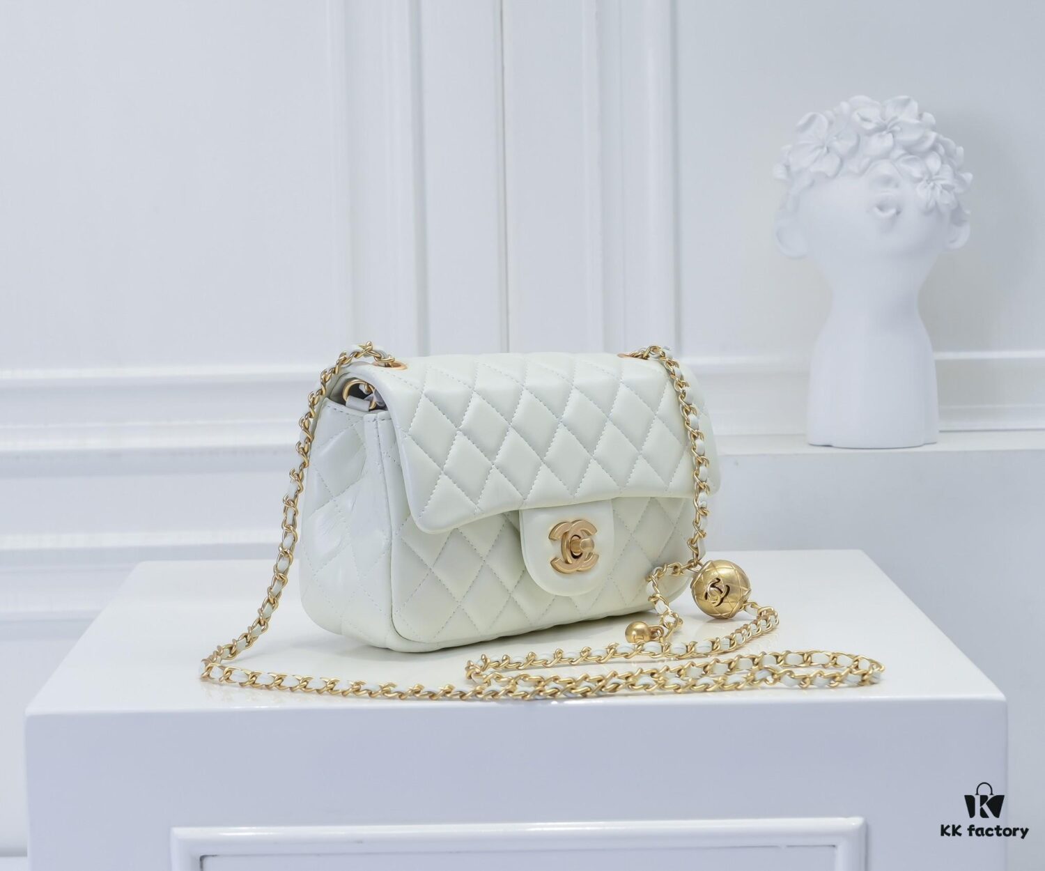 69305254f09edb6de4c4ee06 Large White Chanel CF Mini Chain Bag with Small Golden Ball Accent
