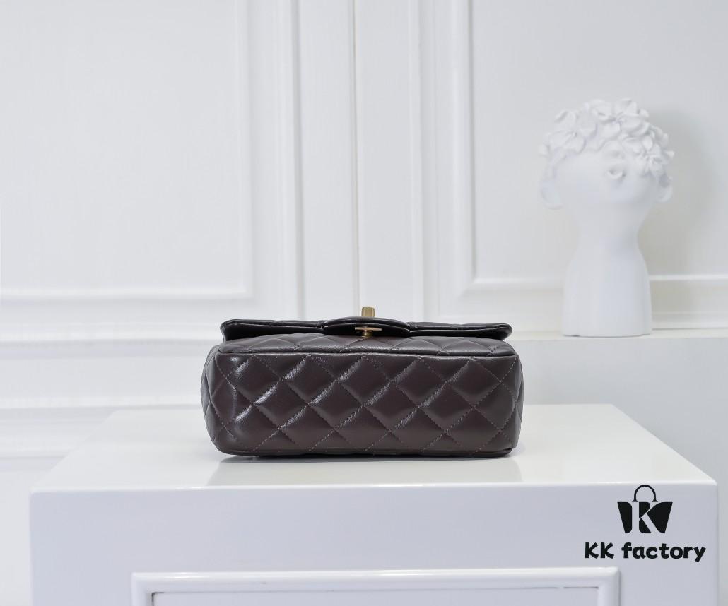 6930525cf09edb6de4c4ee12 Large Chocolate Brown Chanel CF Mini Metal Flap Bag with Small Golden Ball Accent