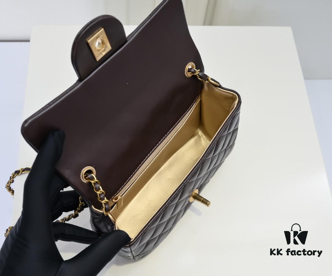 6930525cf09edb6de4c4ee13 Large Chocolate Brown Chanel CF Mini Metal Flap Bag with Small Golden Ball Accent