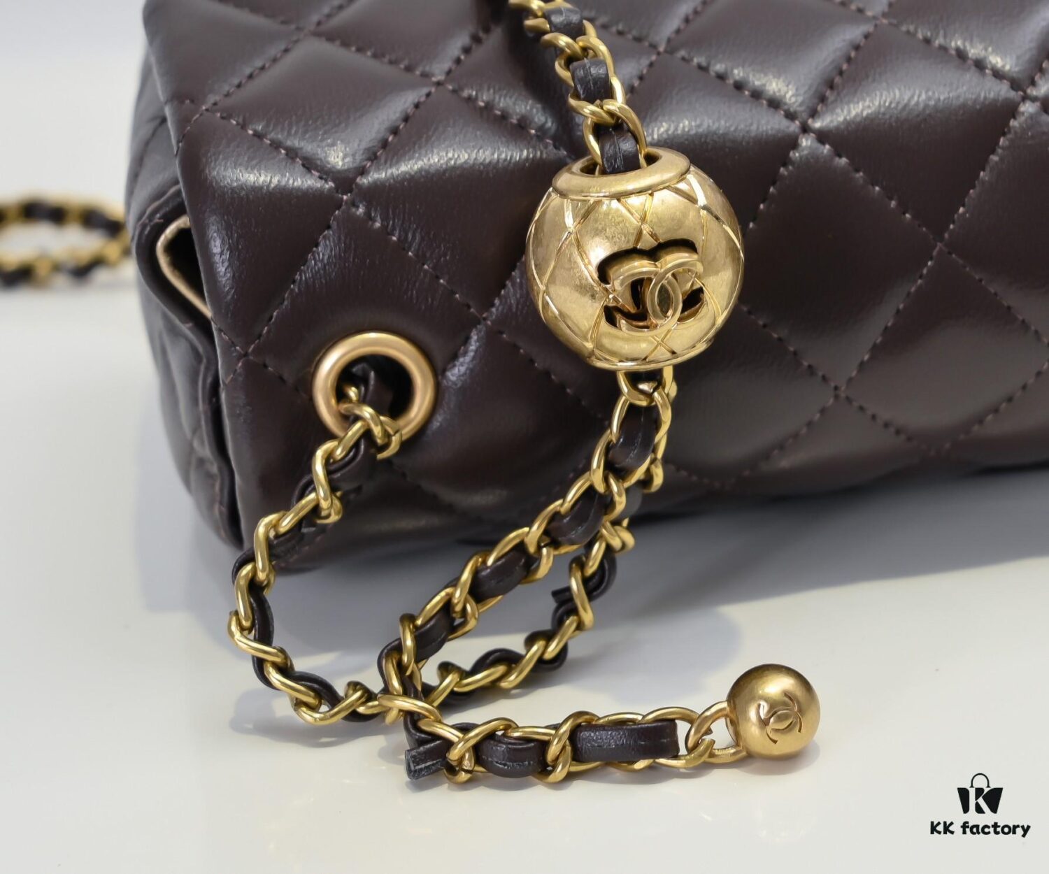 6930525df09edb6de4c4ee15 Large Chocolate Brown Chanel CF Mini Metal Flap Bag with Small Golden Ball Accent