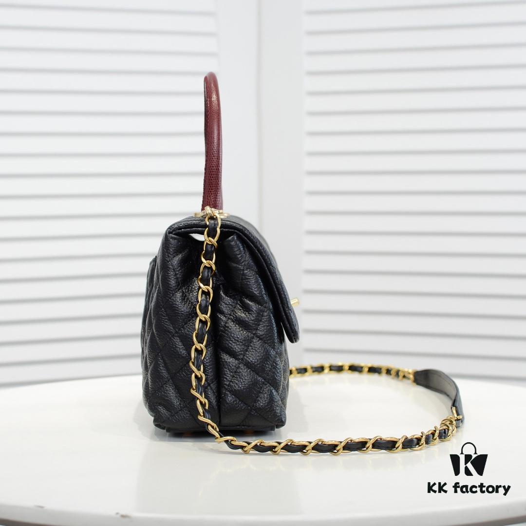 693052b0f09edb6de4c4ee78 Black and Red Chanel-Style Shoulder Handbag with Unique Clasp Design, Dual Carry Options (Handheld or Crossbody), Premium Imported Full-Grain Calfskin with Lychee Texture, Upgraded Gold-Tone Hardware