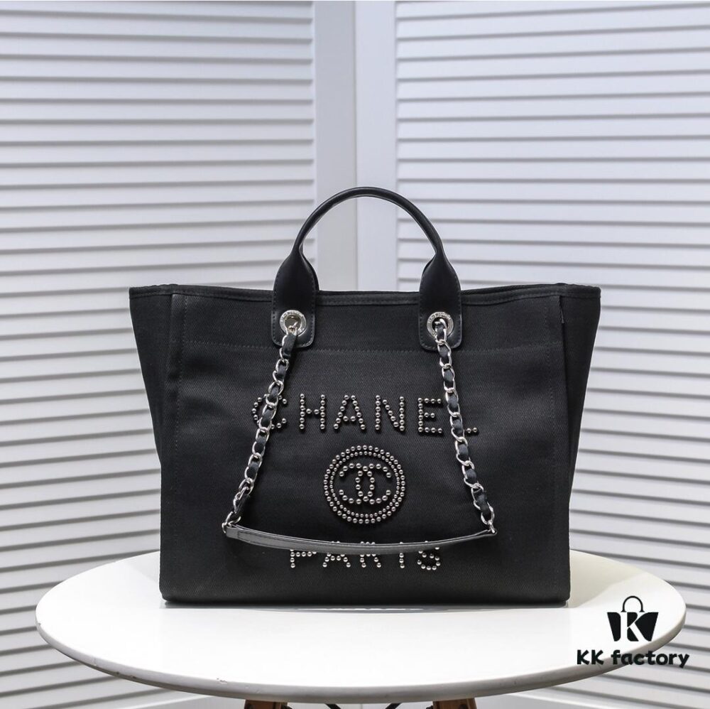 693052f9f09edb6de4c4eee7 Chanel Tote Bag - Spring and Summer Striped Canvas Beach Shopping Bag with Chain Detail