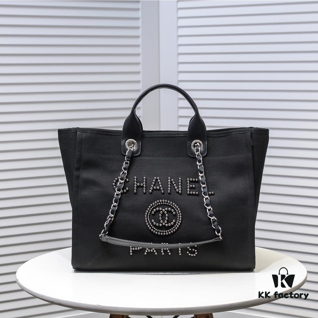 693052f9f09edb6de4c4eee7 Chanel Tote Bag - Spring and Summer Striped Canvas Beach Shopping Bag with Chain Detail