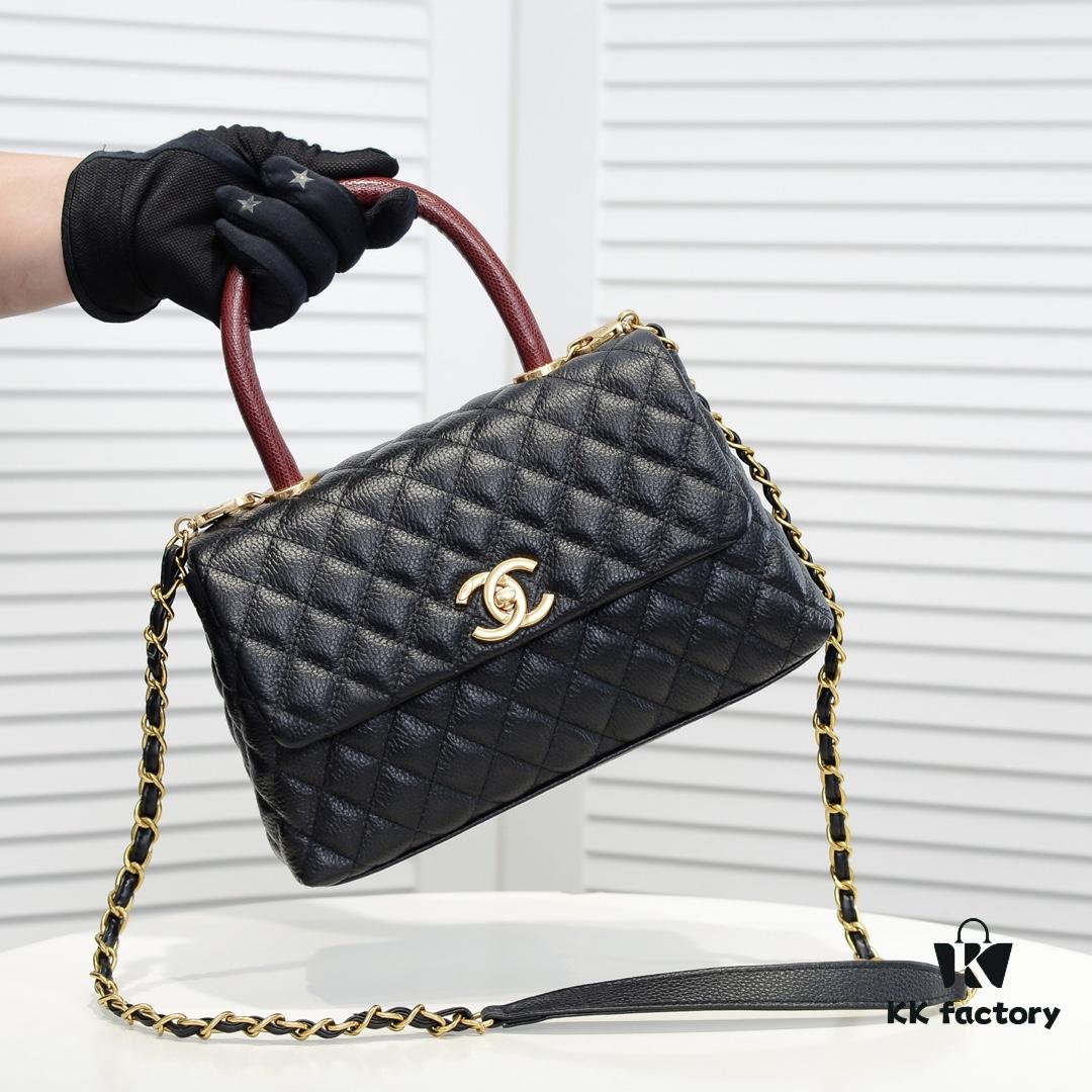 693052fbf09edb6de4c4eeea Black and Red Chanel-Style Shoulder Handbag with Unique Clasp Design, Dual Carry Options (Handheld or Crossbody), Premium Imported Full-Grain Calfskin with Lychee Texture, Upgraded Gold-Tone Hardware