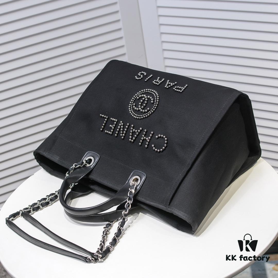 693052fbf09edb6de4c4eeeb Chanel Tote Bag - Spring and Summer Striped Canvas Beach Shopping Bag with Chain Detail