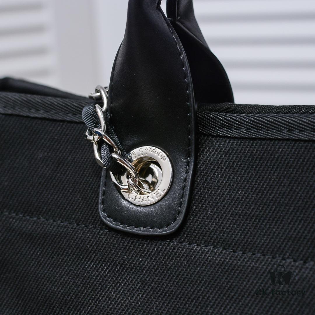 693052fdf09edb6de4c4eeec Chanel Tote Bag - Spring and Summer Striped Canvas Beach Shopping Bag with Chain Detail