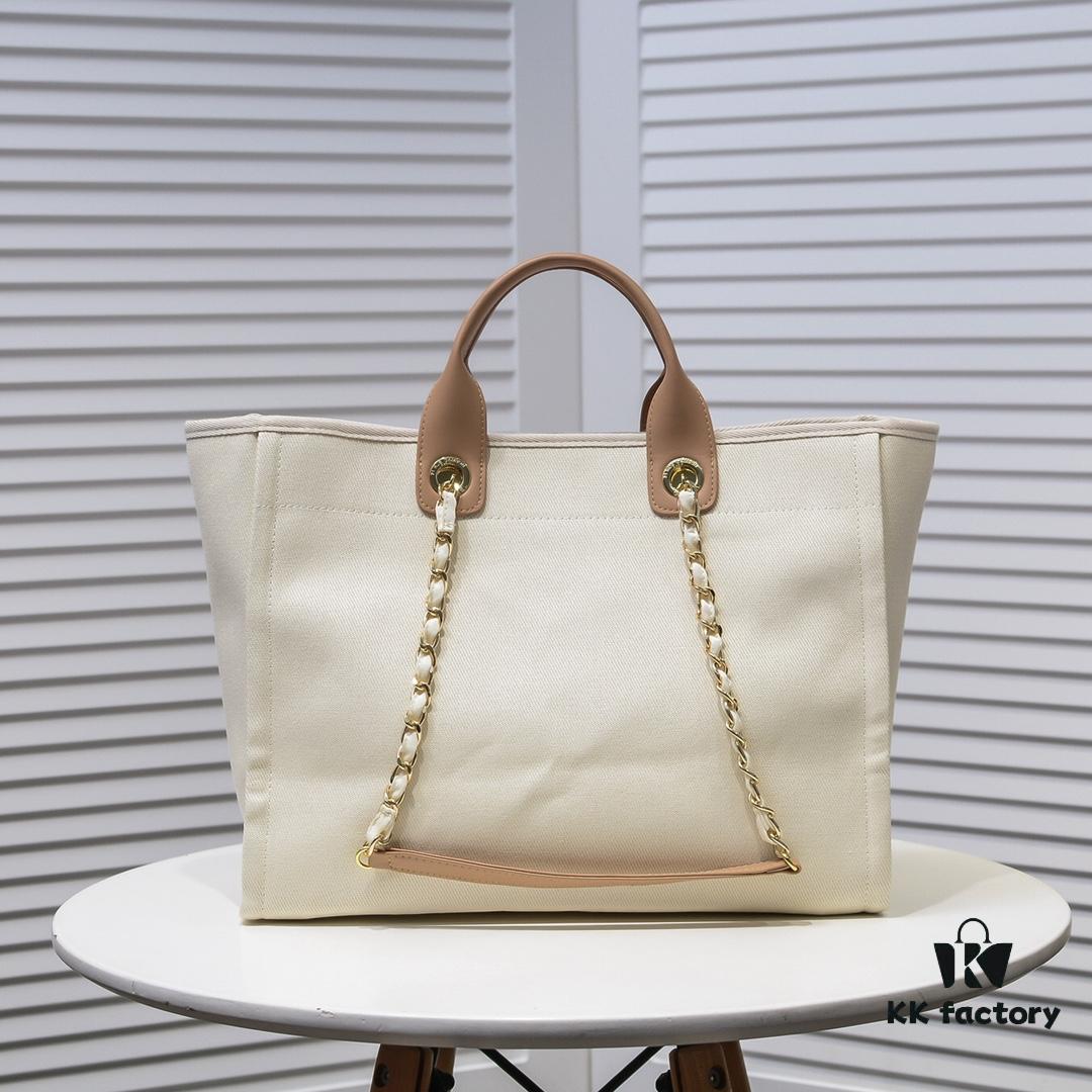 693052fff09edb6de4c4eef2 Chanel Tote Bag - Striped Canvas Beach Shopping Bag with Chain, Resort Style for Spring and Summer