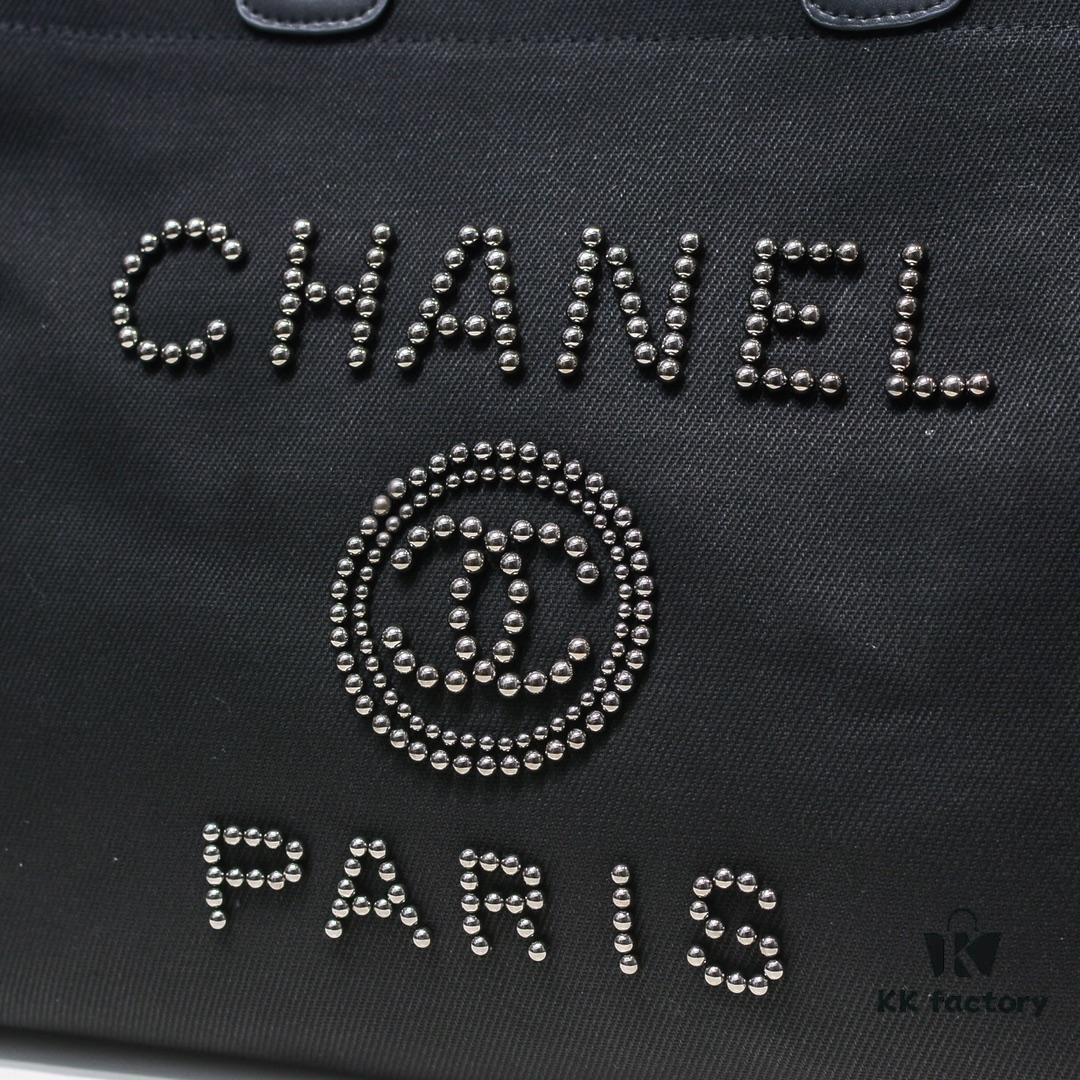 693052fff09edb6de4c4eef3 Chanel Tote Bag - Spring and Summer Striped Canvas Beach Shopping Bag with Chain Detail