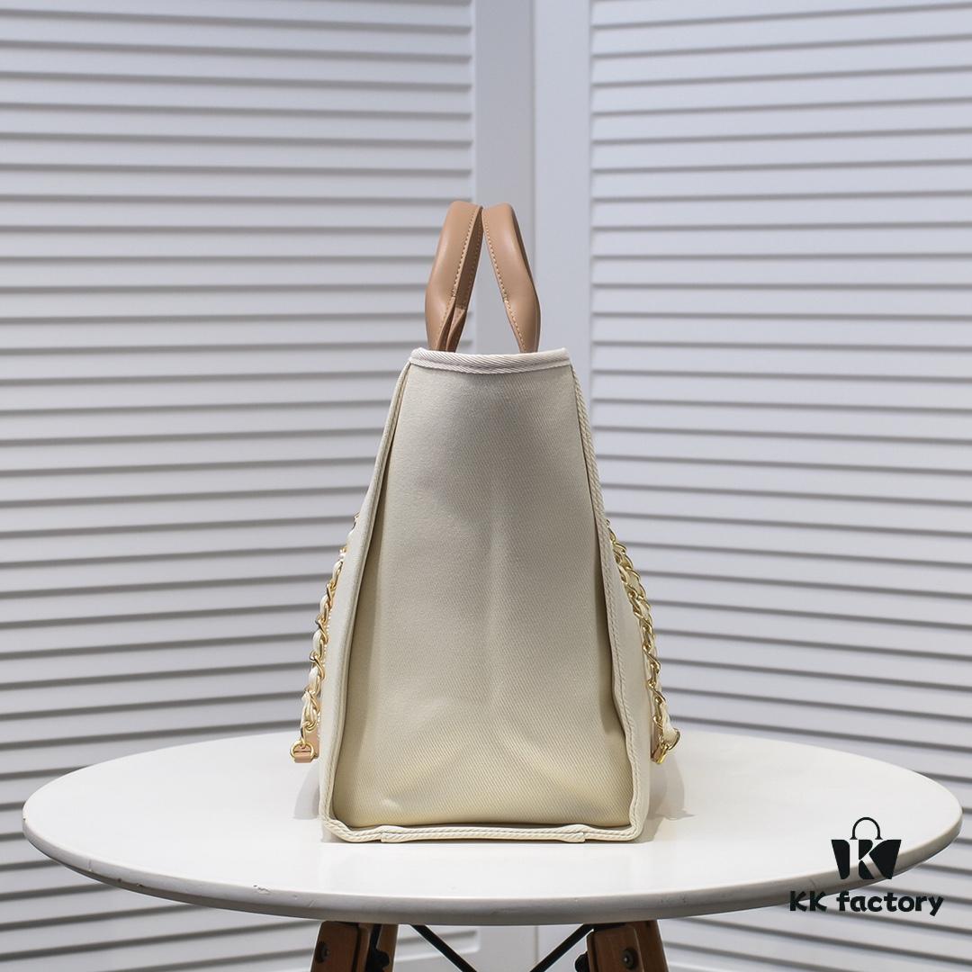 69305300f09edb6de4c4eef5 Chanel Tote Bag - Striped Canvas Beach Shopping Bag with Chain, Resort Style for Spring and Summer