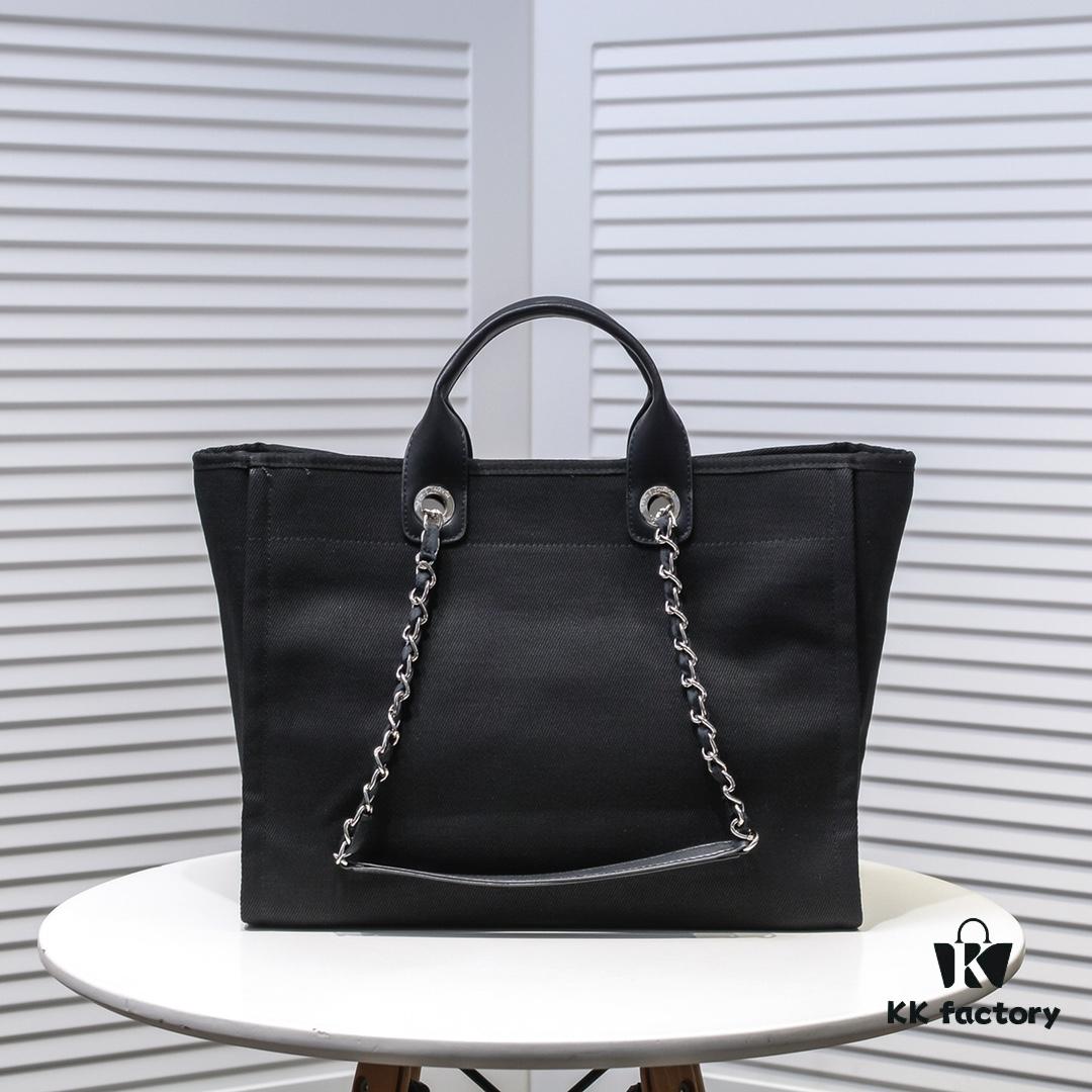 69305301f09edb6de4c4eef7 Chanel Tote Bag - Spring and Summer Striped Canvas Beach Shopping Bag with Chain Detail