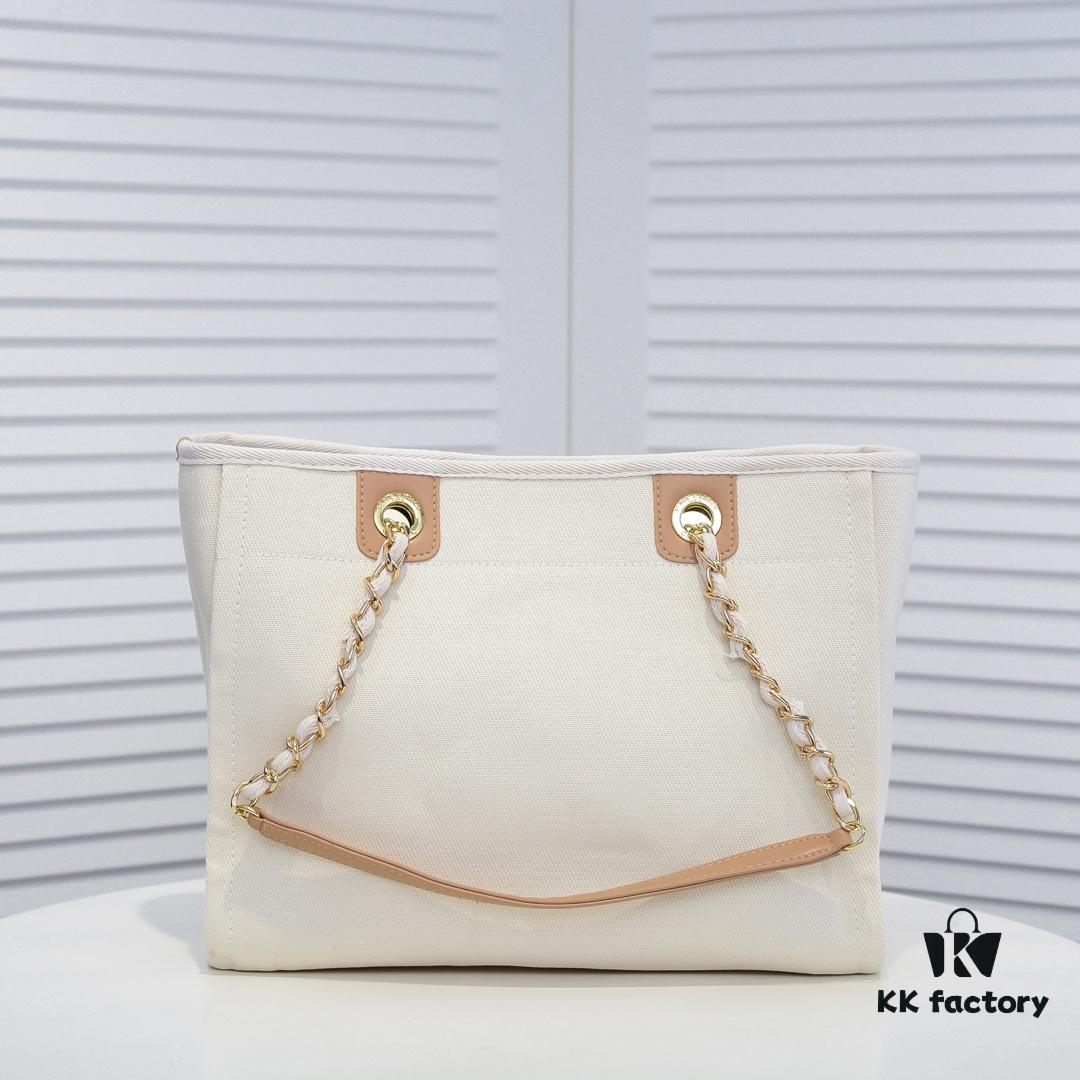 69305303f09edb6de4c4eefa Chanel Tote Bag - Spring Summer Striped Canvas Beach Shopping Bag with Chain Detail