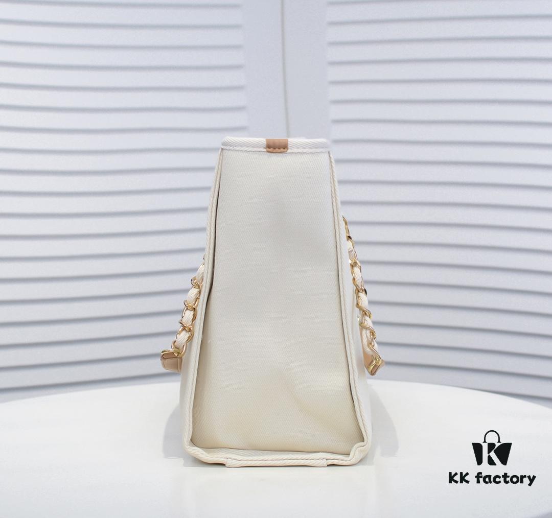 69305305f09edb6de4c4eefc Chanel Tote Bag - Spring Summer Striped Canvas Beach Shopping Bag with Chain Detail