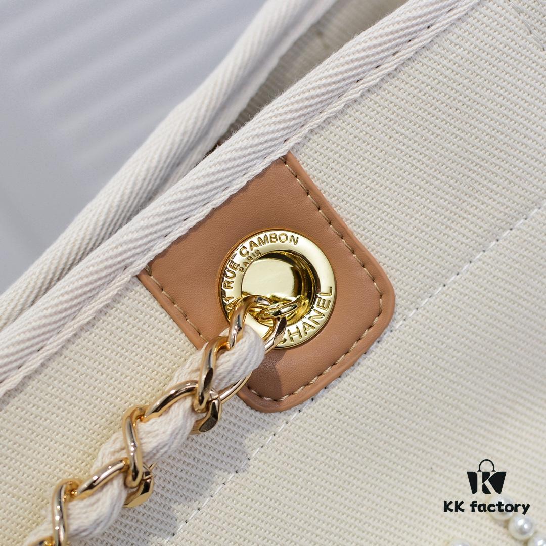 69305306f09edb6de4c4eefe Chanel Tote Bag - Spring Summer Striped Canvas Beach Shopping Bag with Chain Detail