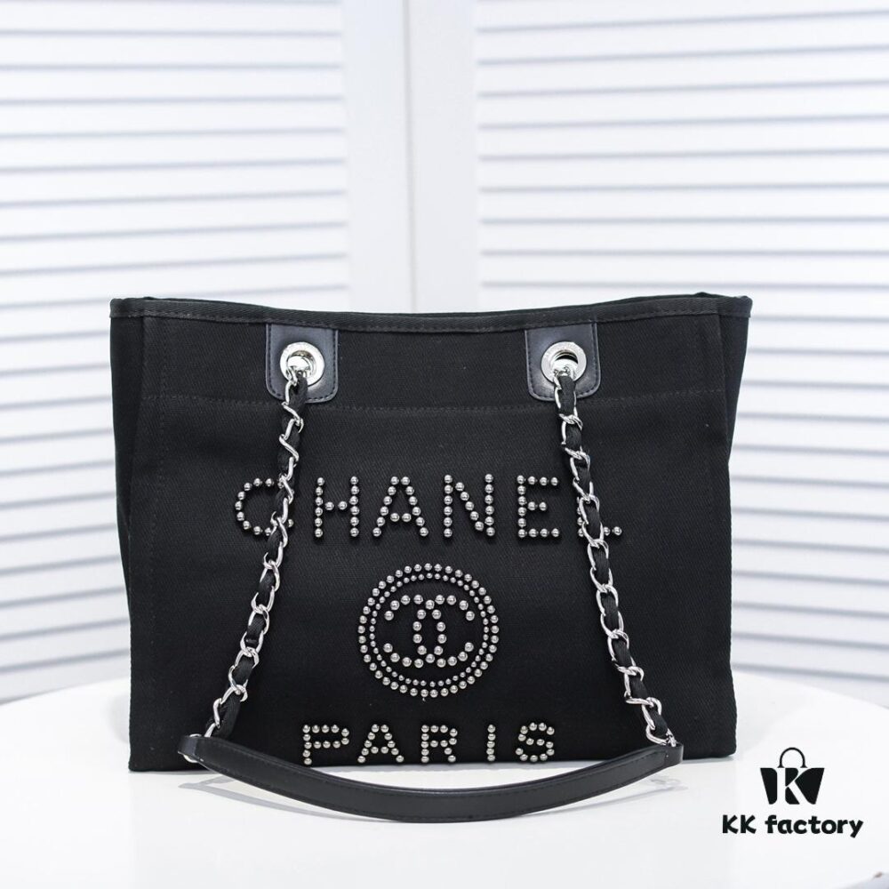 69305308f09edb6de4c4ef01 Chanel Tote Bag - Spring Summer Striped Canvas Beach Shopping Bag with Chain Detail
