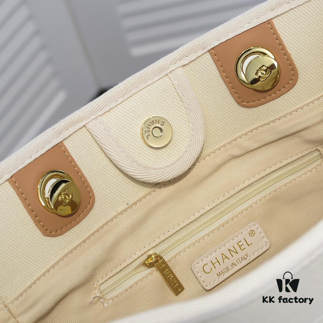 69305308f09edb6de4c4ef02 Chanel Tote Bag - Spring Summer Striped Canvas Beach Shopping Bag with Chain Detail