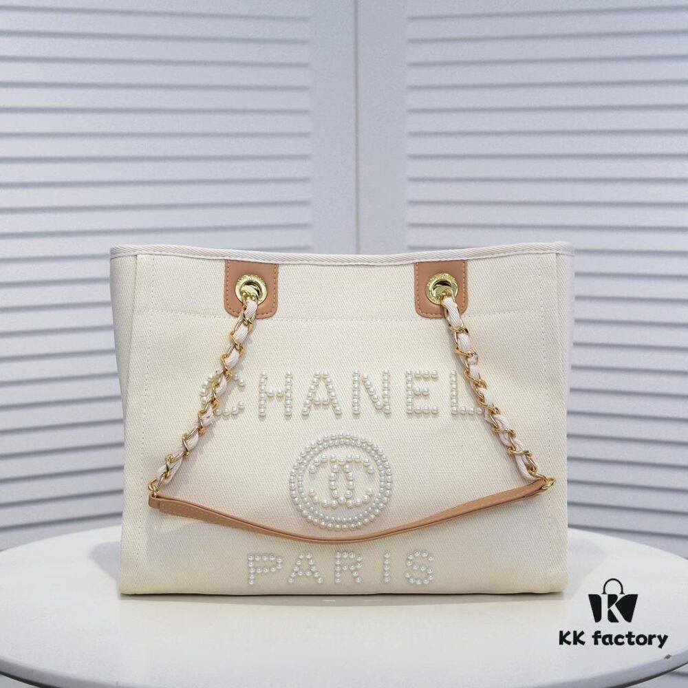 6930530af09edb6de4c4ef04 Chanel Tote Bag - Spring Summer Striped Canvas Beach Shopping Bag with Chain Detail