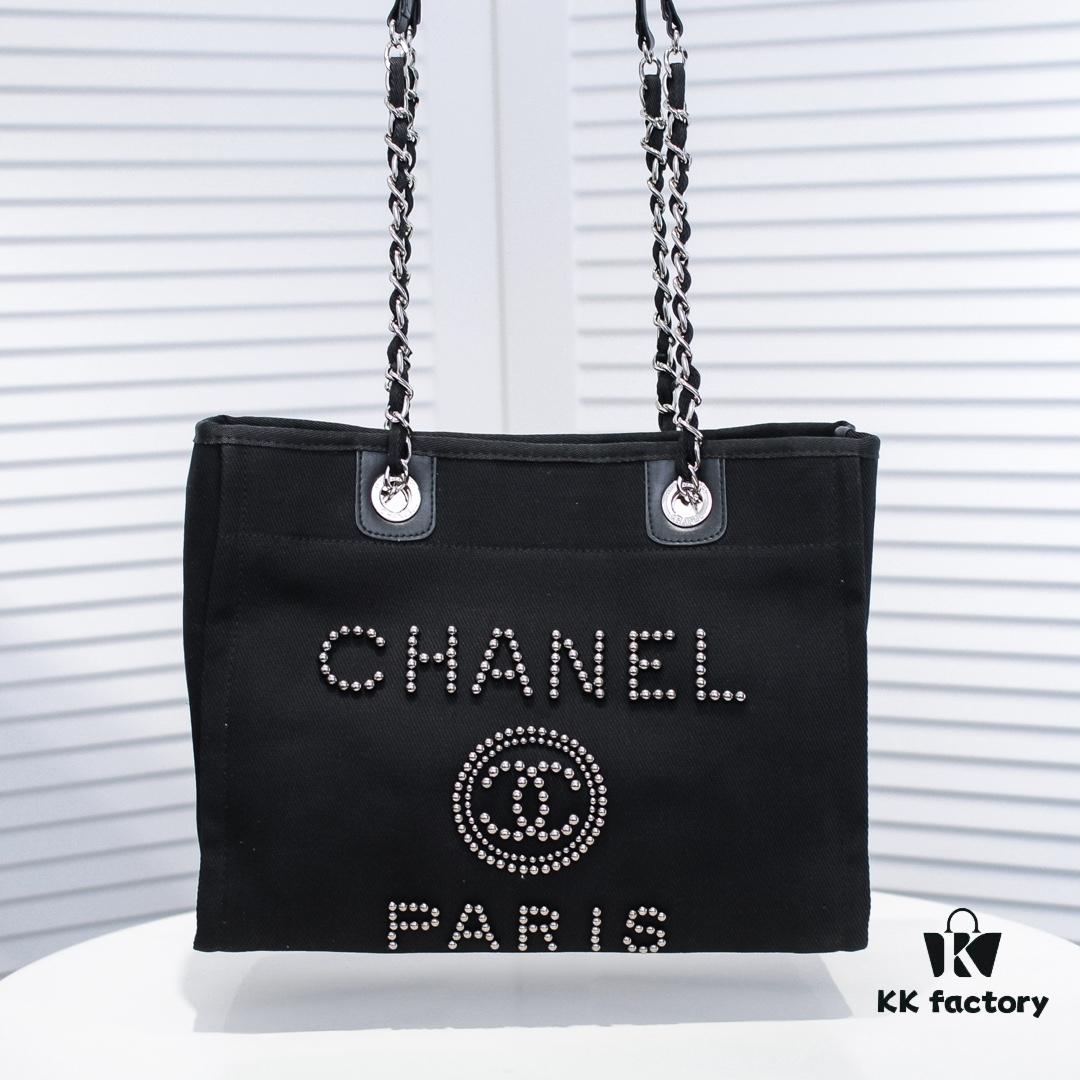 Chanel Tote Bag - Spring Summer Striped Canvas Beach Shopping Bag with Chain Detail