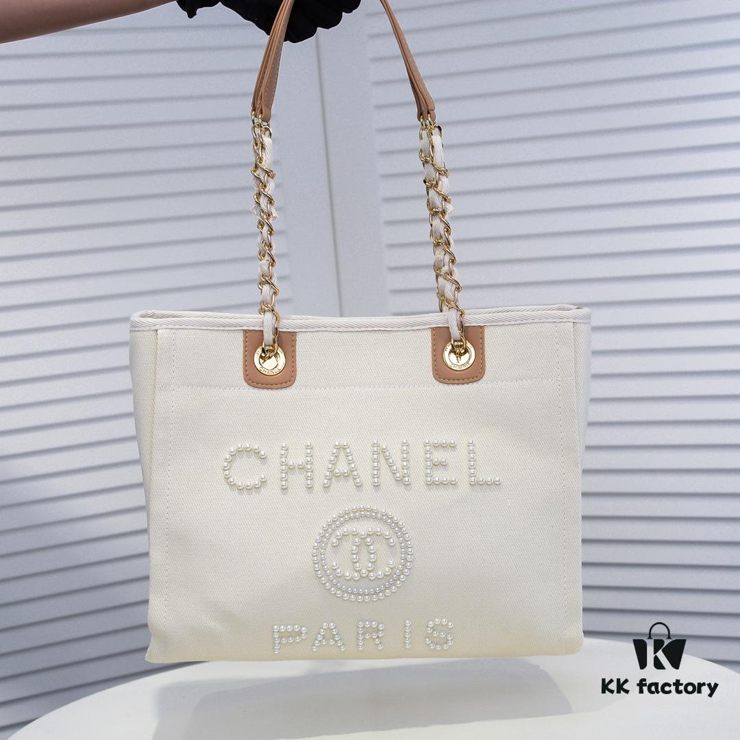 6930530df09edb6de4c4ef09 Chanel Tote Bag - Spring Summer Striped Canvas Beach Shopping Bag with Chain Detail