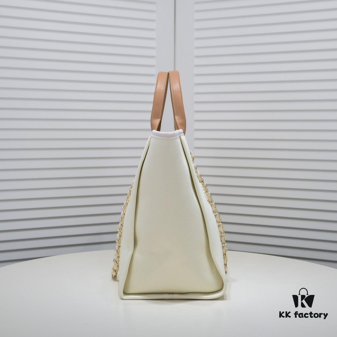 6930530ff09edb6de4c4ef0b Chanel Tote Bag Spring and Summer Resort Style Canvas Beach Bag with Chain Stripes